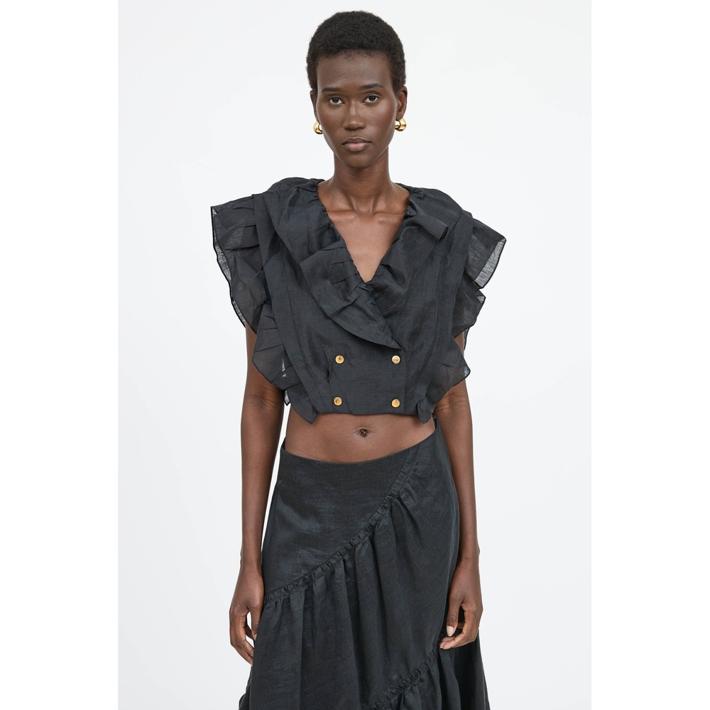 Sandro Black Linen Ruffle Cropped Top Sleeveless Gold Buttons Size Small
